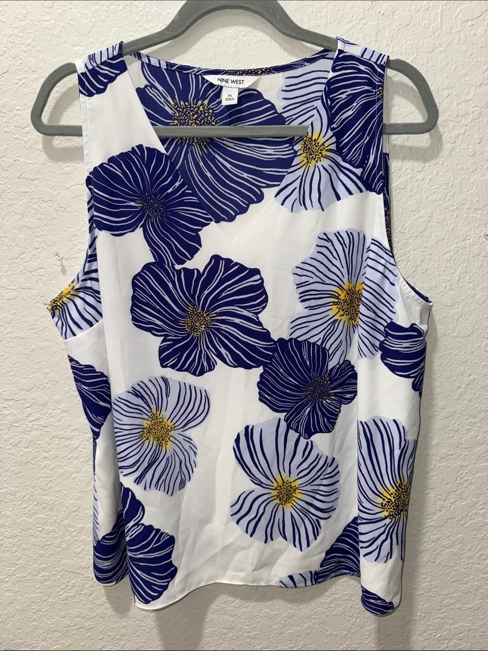 Nine West White Tank Top with Blue & Yellow Floral Print